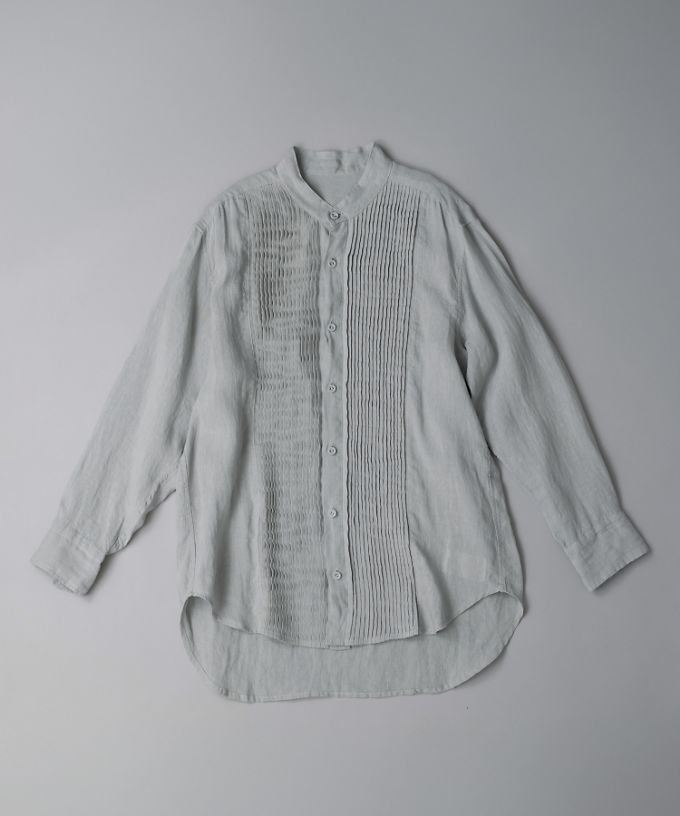 エド［haddow］リネンピンタックバンドカラーシャツ