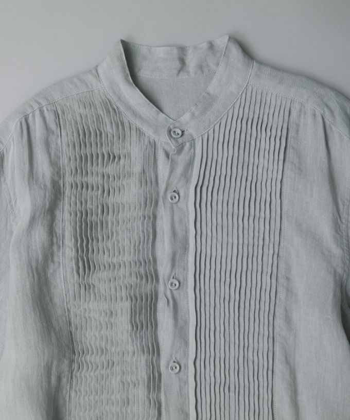 エド［haddow］リネンピンタックバンドカラーシャツ
