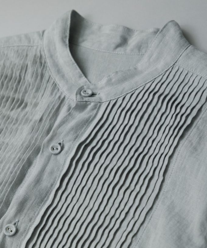 エド［haddow］リネンピンタックバンドカラーシャツ