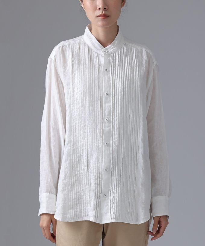 エド［haddow］リネンピンタックバンドカラーシャツ