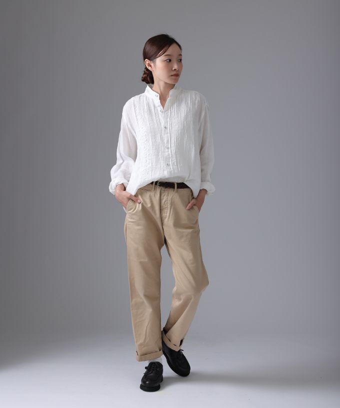 エド［haddow］リネンピンタックバンドカラーシャツ