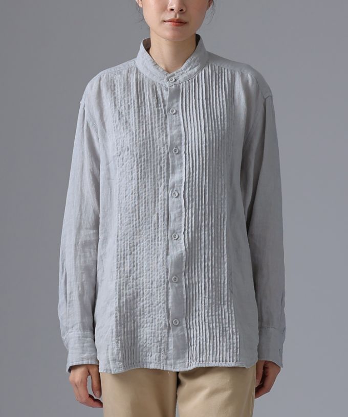 エド［haddow］リネンピンタックバンドカラーシャツ