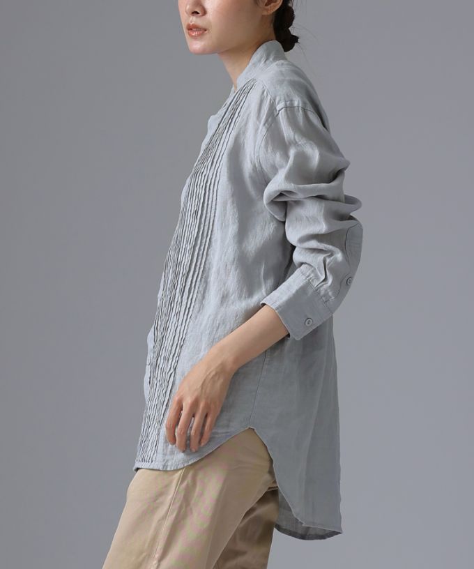 エド［haddow］リネンピンタックバンドカラーシャツ