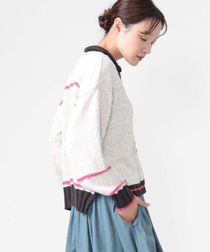 カントカーデ　コットンスラブの配色カーディガン