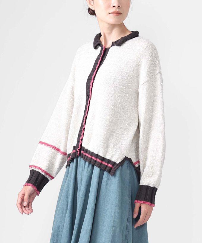 カントカーデ　コットンスラブの配色カーディガン