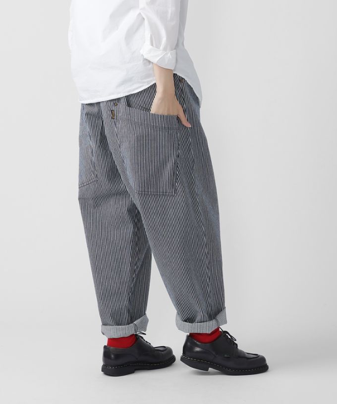 マオパンツロングヒッコリー ロング丈の後ろビッグポケットパンツ