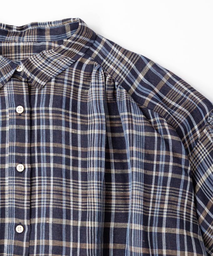 ソラソラブラウス・Ｇ　麻チェックのバルーンスリーブブラウス