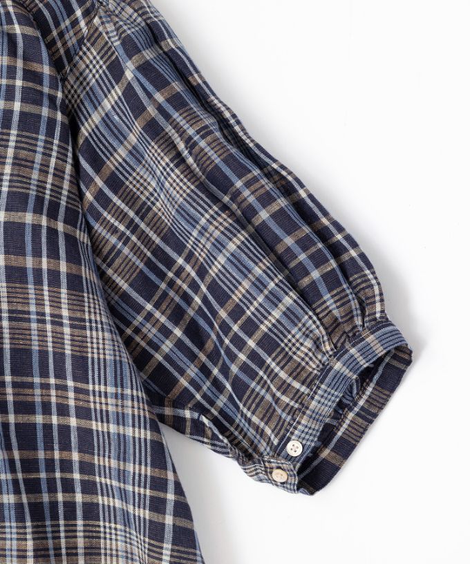 ソラソラブラウス・Ｇ　麻チェックのバルーンスリーブブラウス
