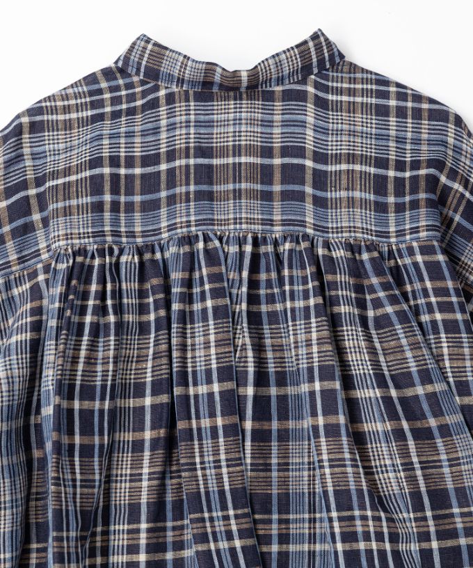 ソラソラブラウス・Ｇ　麻チェックのバルーンスリーブブラウス