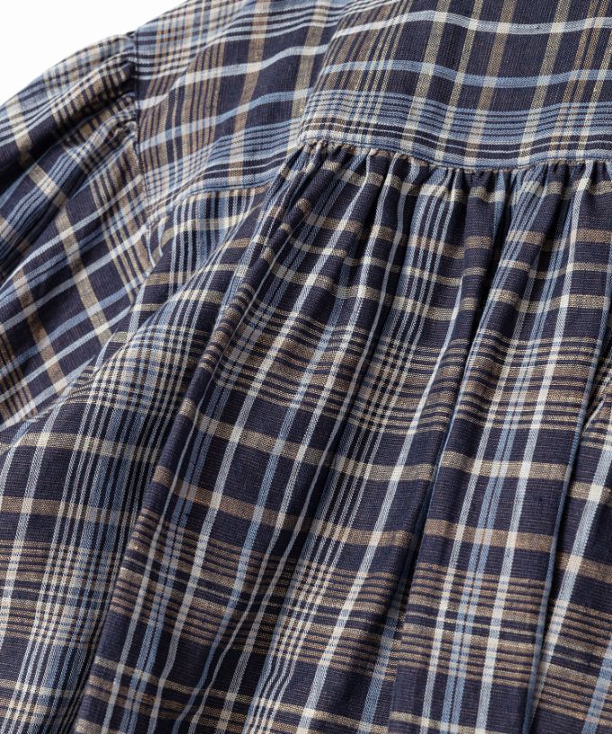 ソラソラブラウス・Ｇ　麻チェックのバルーンスリーブブラウス