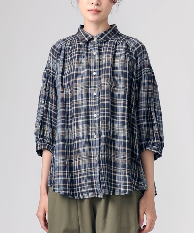 ソラソラブラウス・Ｇ　麻チェックのバルーンスリーブブラウス