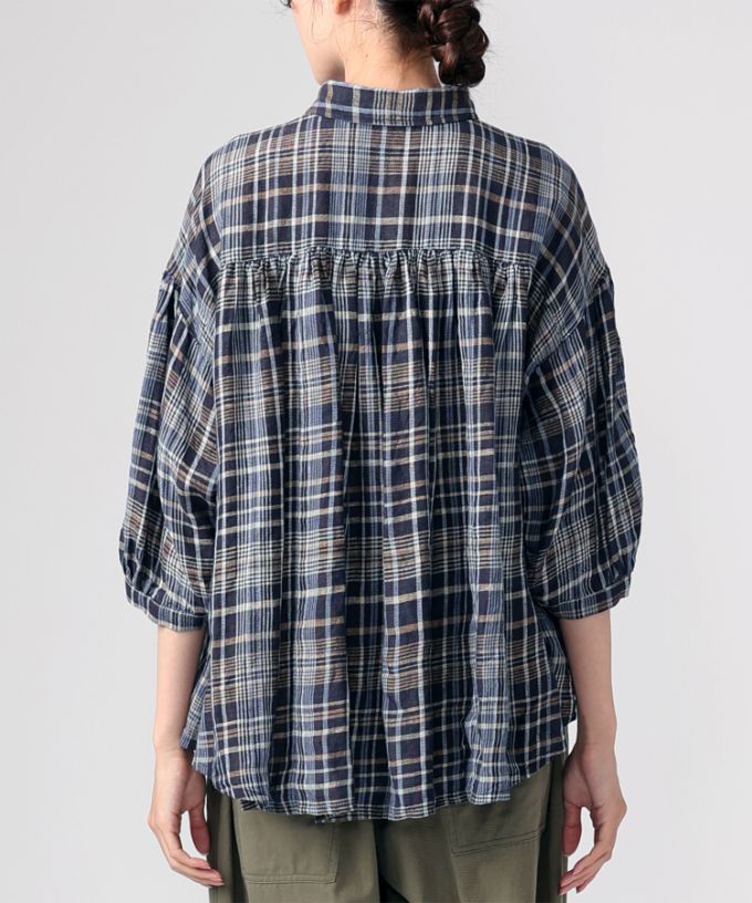 ソラソラブラウス・Ｇ　麻チェックのバルーンスリーブブラウス