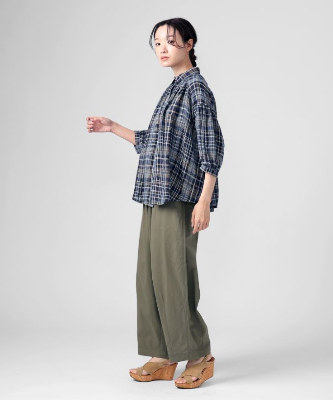 ソラソラブラウス・Ｇ　麻チェックのバルーンスリーブブラウス