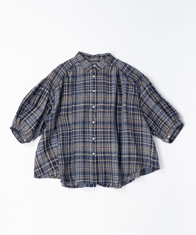 ソラソラブラウス・Ｇ　麻チェックのバルーンスリーブブラウス
