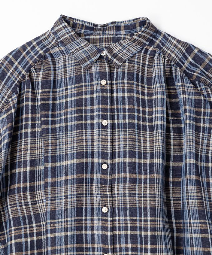 ソラソラブラウス・Ｇ　麻チェックのバルーンスリーブブラウス