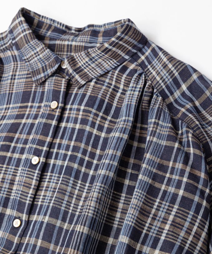 ソラソラブラウス・Ｇ　麻チェックのバルーンスリーブブラウス