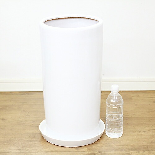 ストレートロング陶器鉢 Lサイズ 白【受け皿付き 鉢底ネット付き】中型