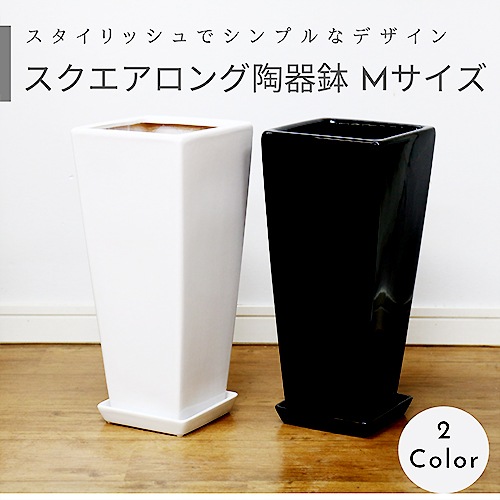 スクエアロング陶器鉢 Mサイズ 選べる2カラー【受け皿付き 鉢底