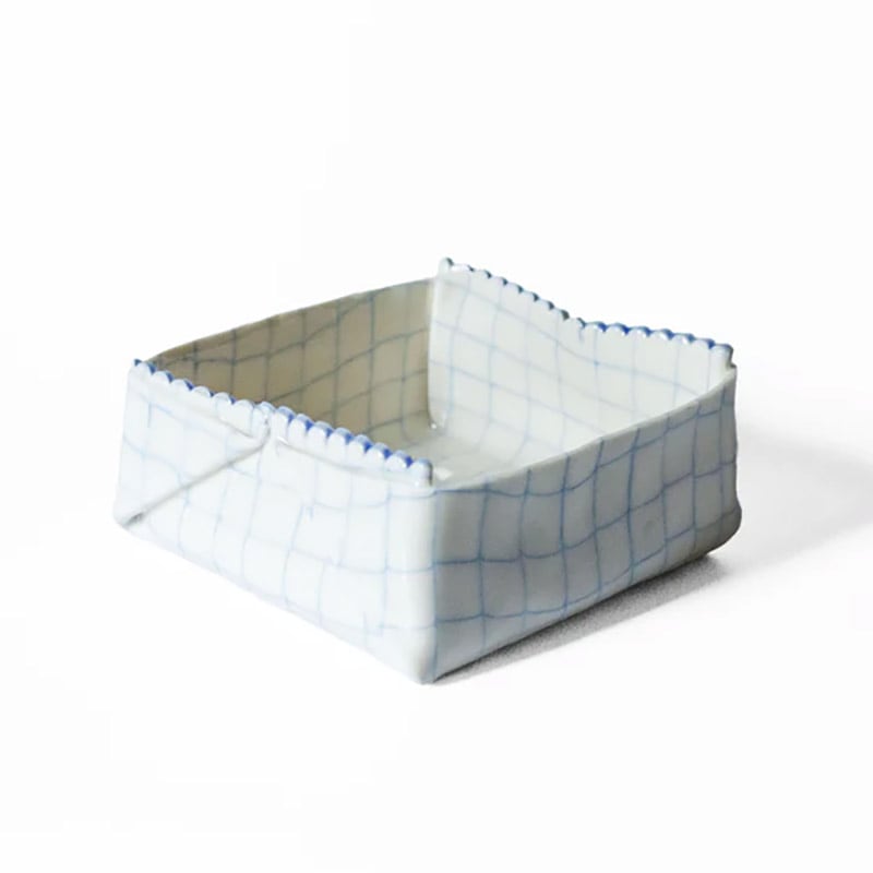 Saori M Stoneware 練込 チェック柄 折り紙ボックス ボウル 11.5cm 磁器 日本/アメリカ