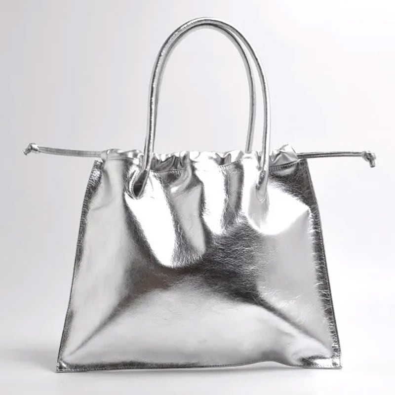 blancle 日本製 本革 ビッグ 巾着 トートバッグ A4サイズ トープ / ブラック / シルバー イタリア製シュリンクレザー / メタリックレザー