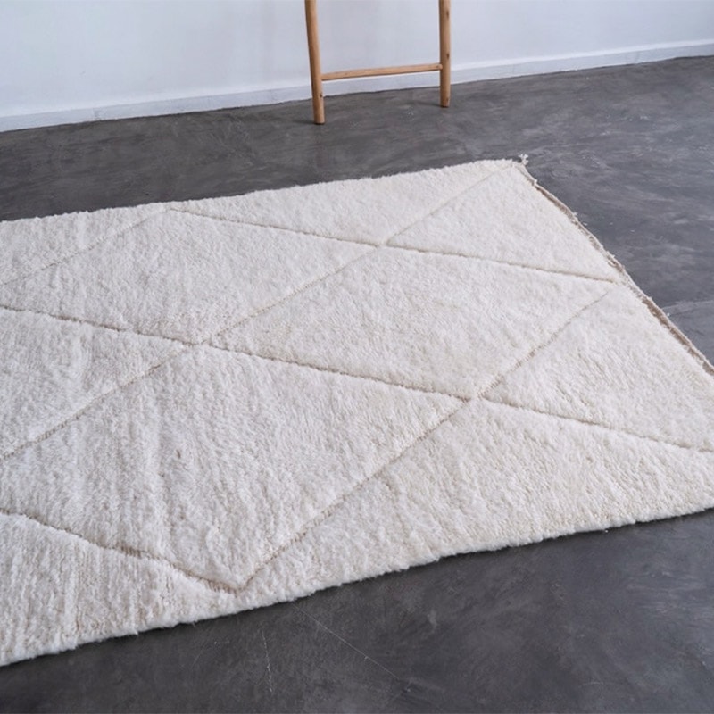ふかふか厚さ3cm！ホワイト ベニワレン ラグ 152 x 250 cm ウール100% 新品 一点もの モロッコ製 No. N260801