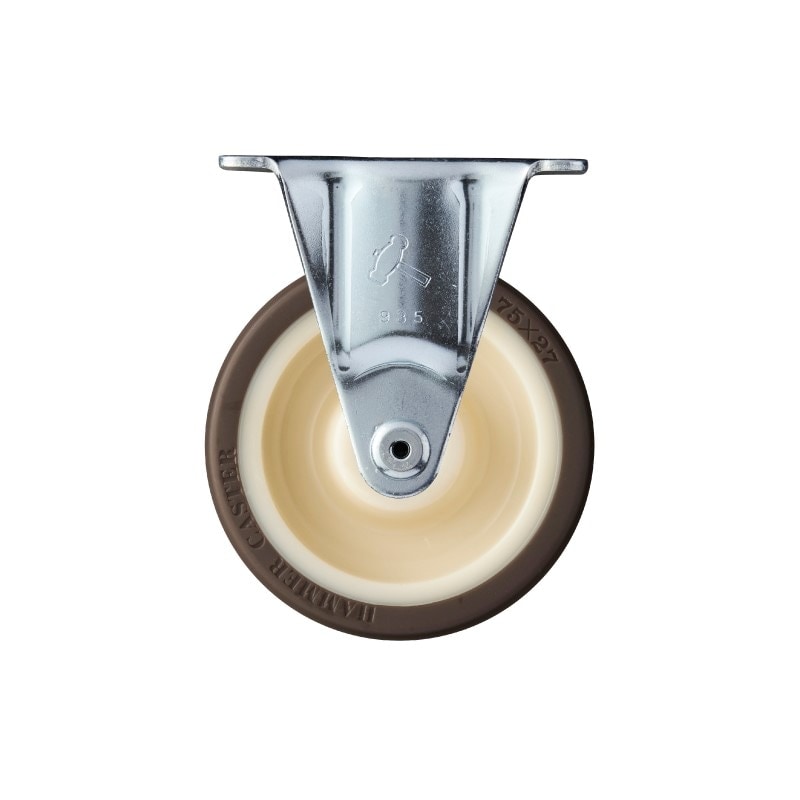 【受注生産品】ハンマーキャスター 固定型平付式(自在車と同ピッチ) ステンレス ウレタン(ベアリング入)車輪(径75) TO-8034-9HS 320SRP-UB75