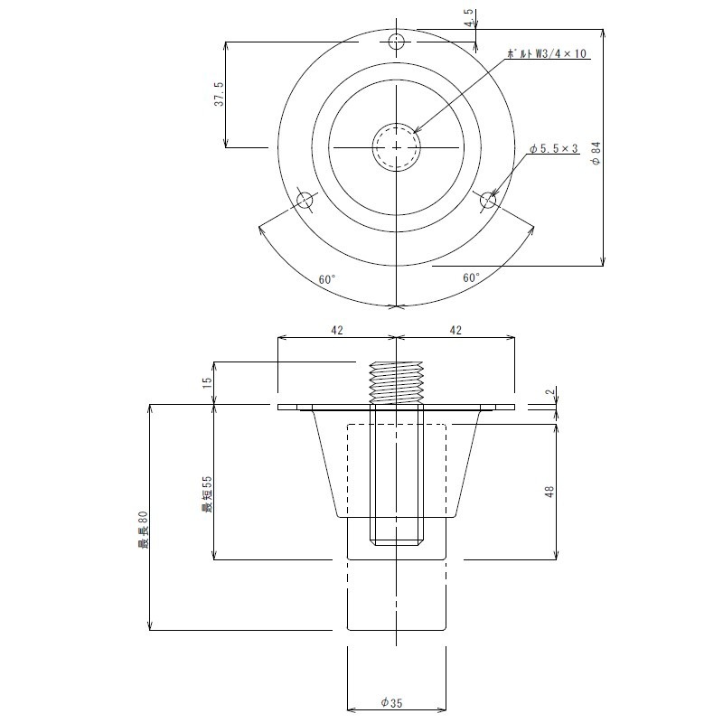 アジャスト脚 ネジ込みタイプ ネジW3/4×10山 最短57mm 最長85mm
