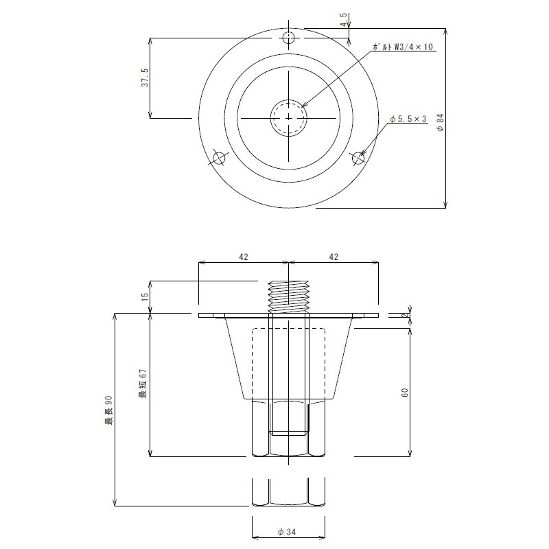 アジャスト脚 ネジ込みタイプ ネジW3/4×10山 最短67mm 最長85mm TO-229