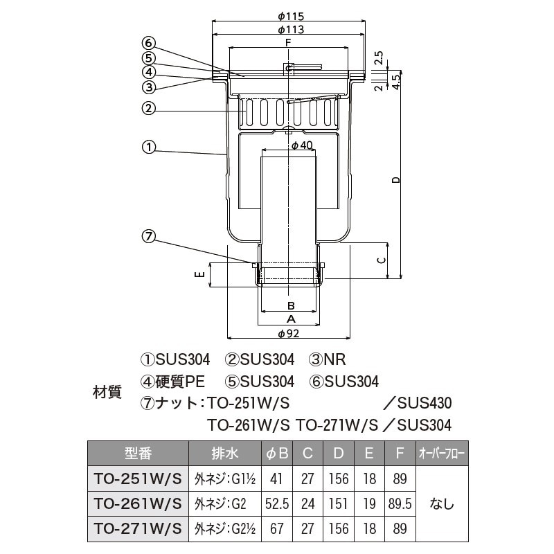 小型排水トラップ ナット付 ステンレス製 G1-1/2ネジ TO-251W/S