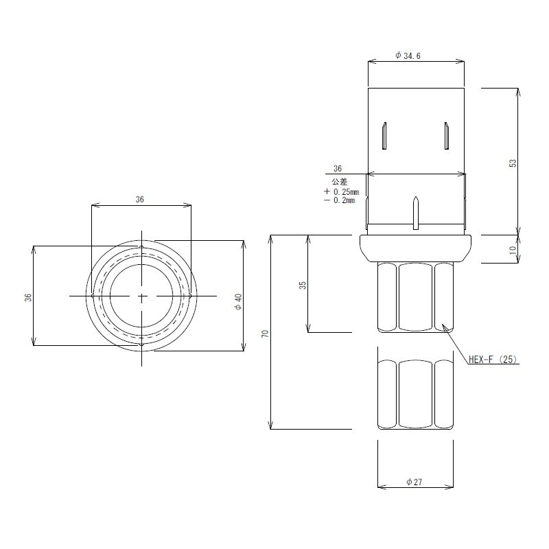 丸パイプ用アジャスト脚 Φ38×板厚1.2mm用 最短35mm 最長70mm TO-108SA