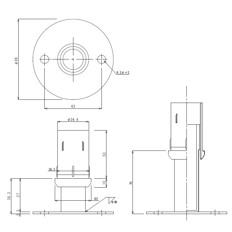 丸パイプ用フランジ付アジャスト脚 Φ38×板厚1.0mm用 最短35mm