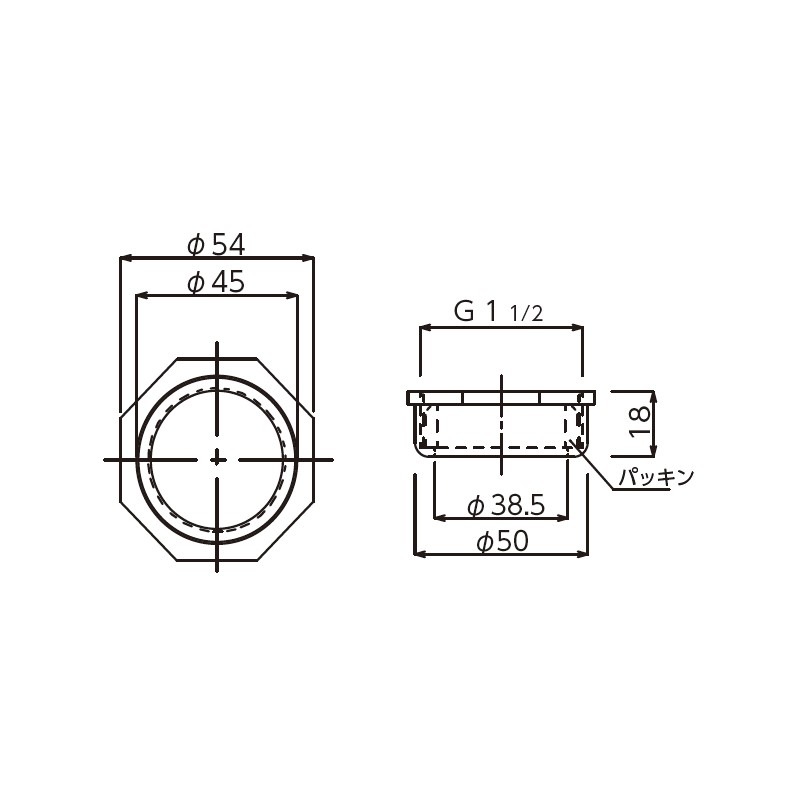 排水管接続用ナット 三角パッキン付 G1-1/2ネジ TO-311