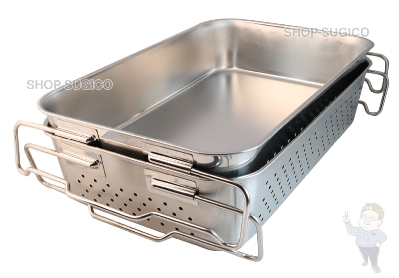 18-8 給食バット 運搬型 積み重ねハンドル 穴明 深さ140mm SH-6038P