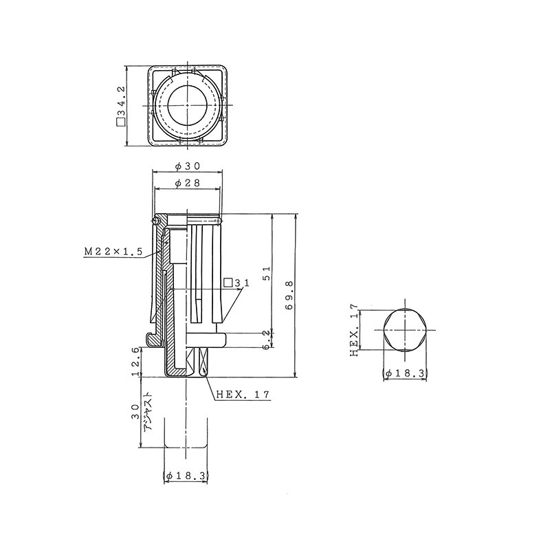 角パイプ用アジャスト脚 □32×板厚1.2～1.5mm用 最短19mm 最長50mm TO