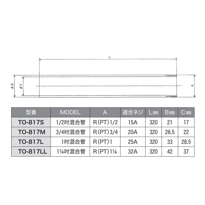 バーナー用ネジ付混合管(白ガス管) 1-1/4インチ 32A×320mm TO-817LL