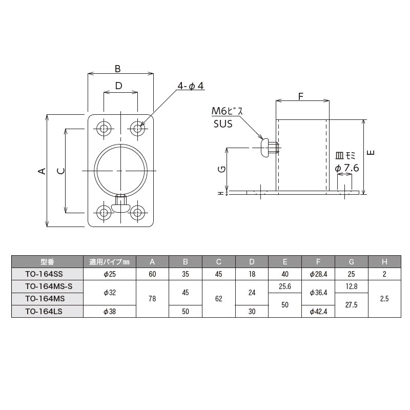 パイプソケット ステンレス製 Φ38mm用 TO-164LS | 業務用厨房部品