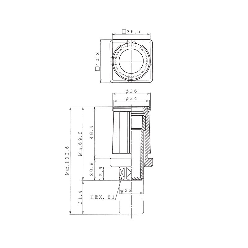 角パイプ用アジャスト脚 □38×板厚1.2～1.5mm用 最短21mm 最長52mm TO