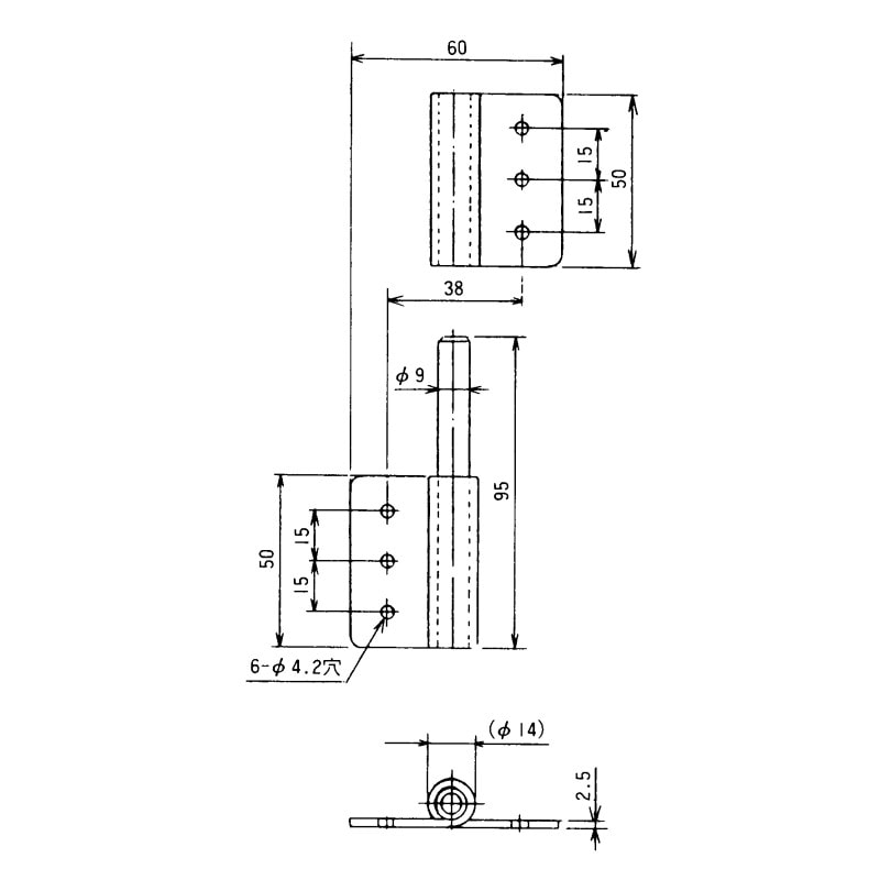 ステン抜差旗丁番 穴あき 左型 60×100mm TO-265-L | 業務用厨房部品
