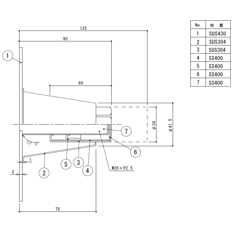 アジャスト脚 三角プレート 平付けタイプ M20×P2.5 最短90mm 最長125mm