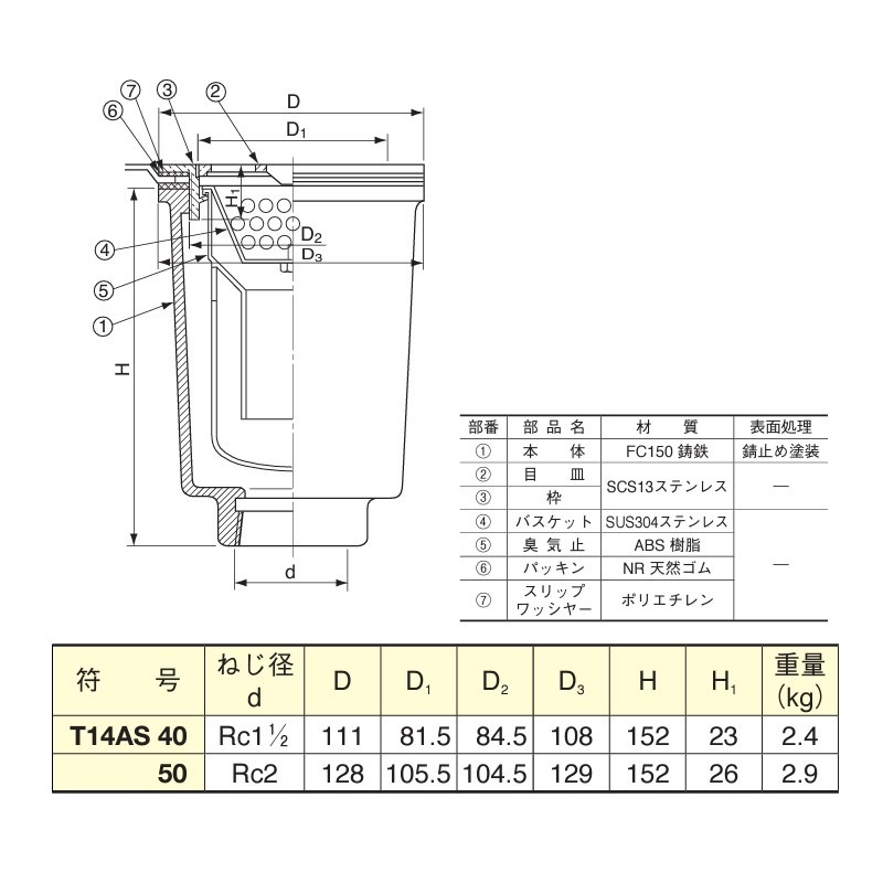 墨流し切り付け尺寸 鉄鋳物ネジ込み型流しトラップ Rc1-1/2内ネジ T14AS-40 | キッチン用