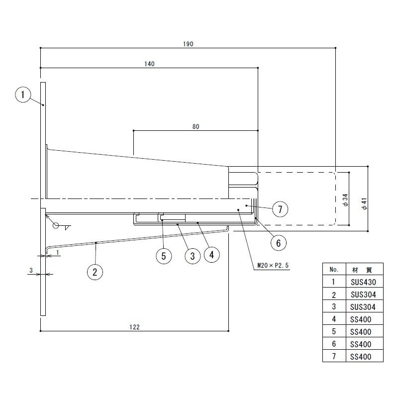 アジャスト脚 三角プレート 平付けタイプ M20×P2.5 最短140mm 最長