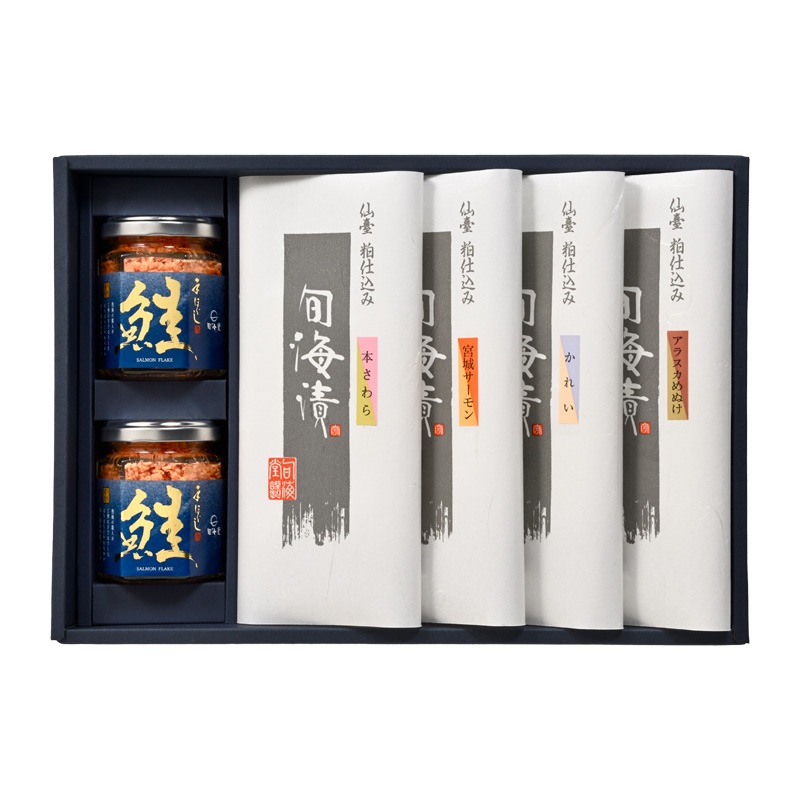 ST-108 (送料込！旬海漬4切・鮭フレーク2本 化粧箱入)