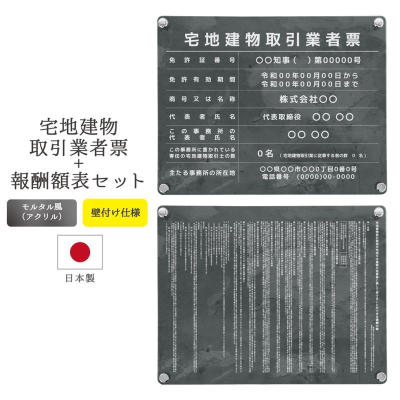 【令和7年4月改正】宅地建物取引業者票+報酬額表セット デザインパターン_モルタル風 ( 壁付け / 450mm×350mm / EK02_外枠なし )