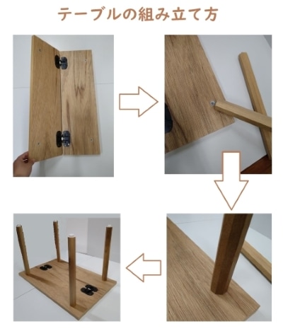テーブルの組み立て図です。<br>
矢印の方向に従って、組み立てを行ってください。