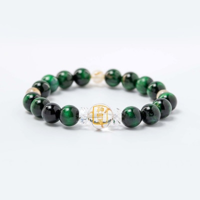 活力を高める！グリーンタイガーアイ＆ルチルクォーツブレスレット 水晶神璽金彫り　神社で祈願済み