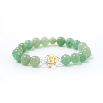 ストレスを緩和する！アベンチュリン＆翡翠 パワーストーンブレスレット 水晶神璽金彫り 神社で祈願済み