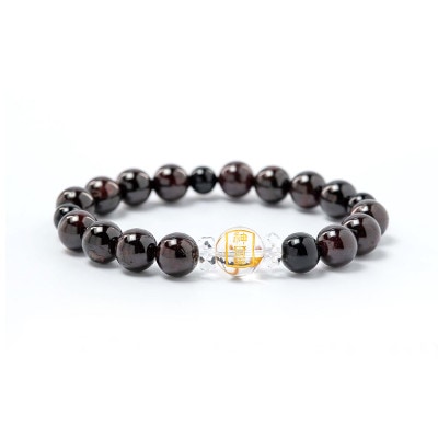 生命力を高める！ガーネット＆オニキス パワーストーンブレスレット 水晶神璽金彫り　神社で祈願済み