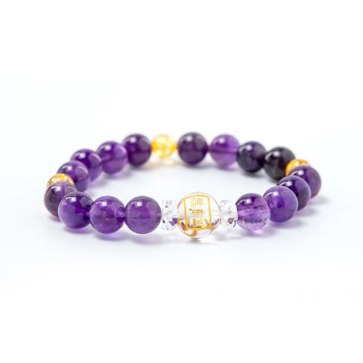 幸運体質になる！アメジスト＆シトリン パワーストーンブレスレット 水晶神璽金彫り　神社で祈願済み