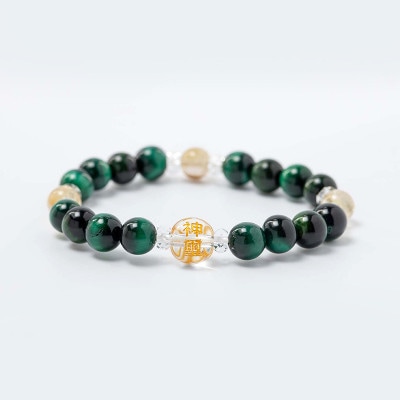 活力を高める！グリーンタイガーアイ＆ルチルクォーツブレスレット 水晶神璽金彫り　神社で祈願済み