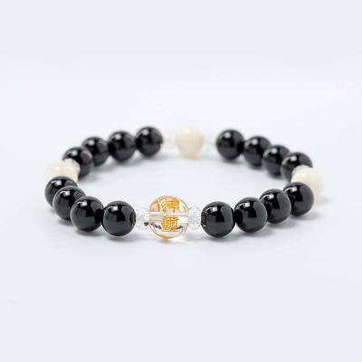絆を深める！オニキス＆マザーオブパール パワーストーンブレスレット 水晶神璽金彫り　神社で祈願済み